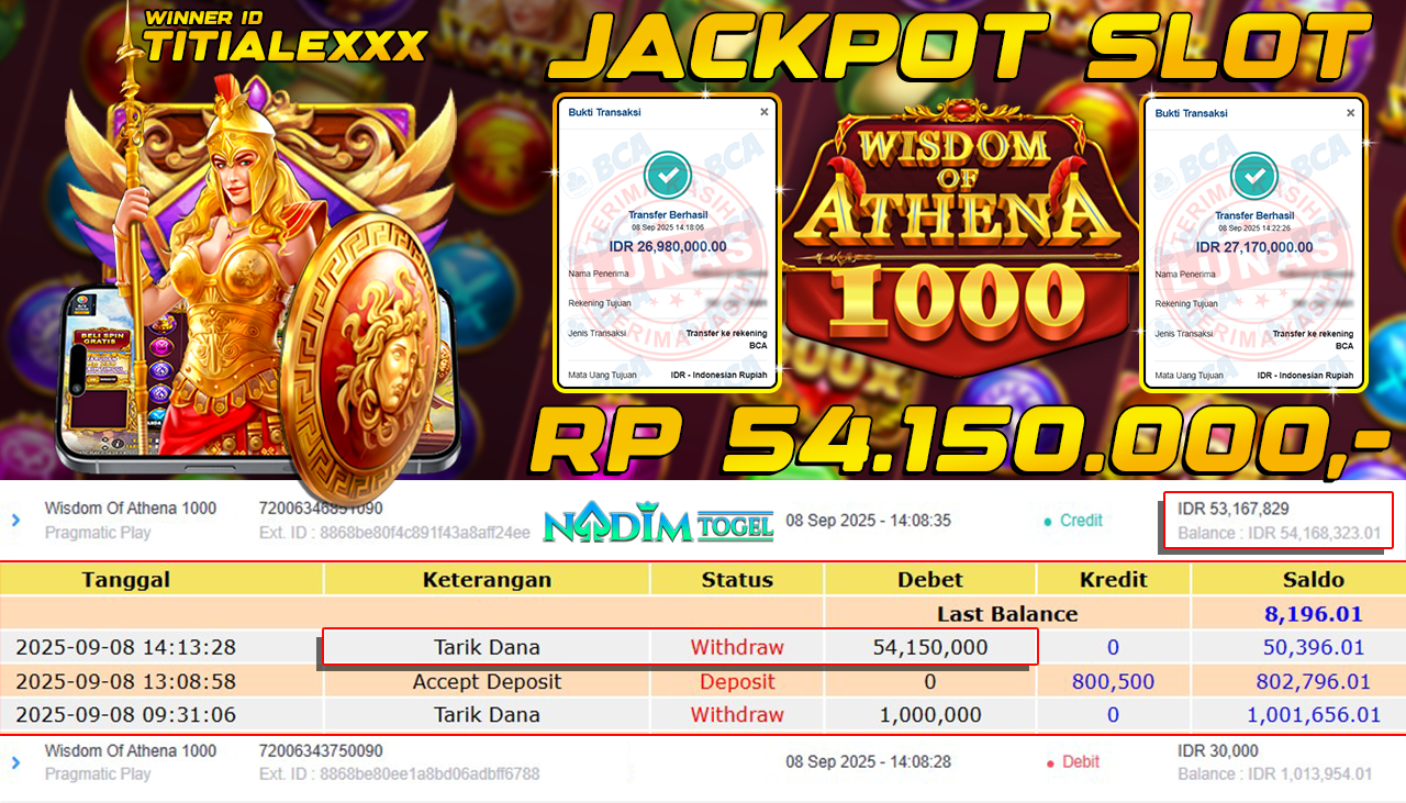 NADIMTOGEL JACKPOT SLOT WISDOM OF ATHENA 1000 Rp 54.150.000,- LUNAS