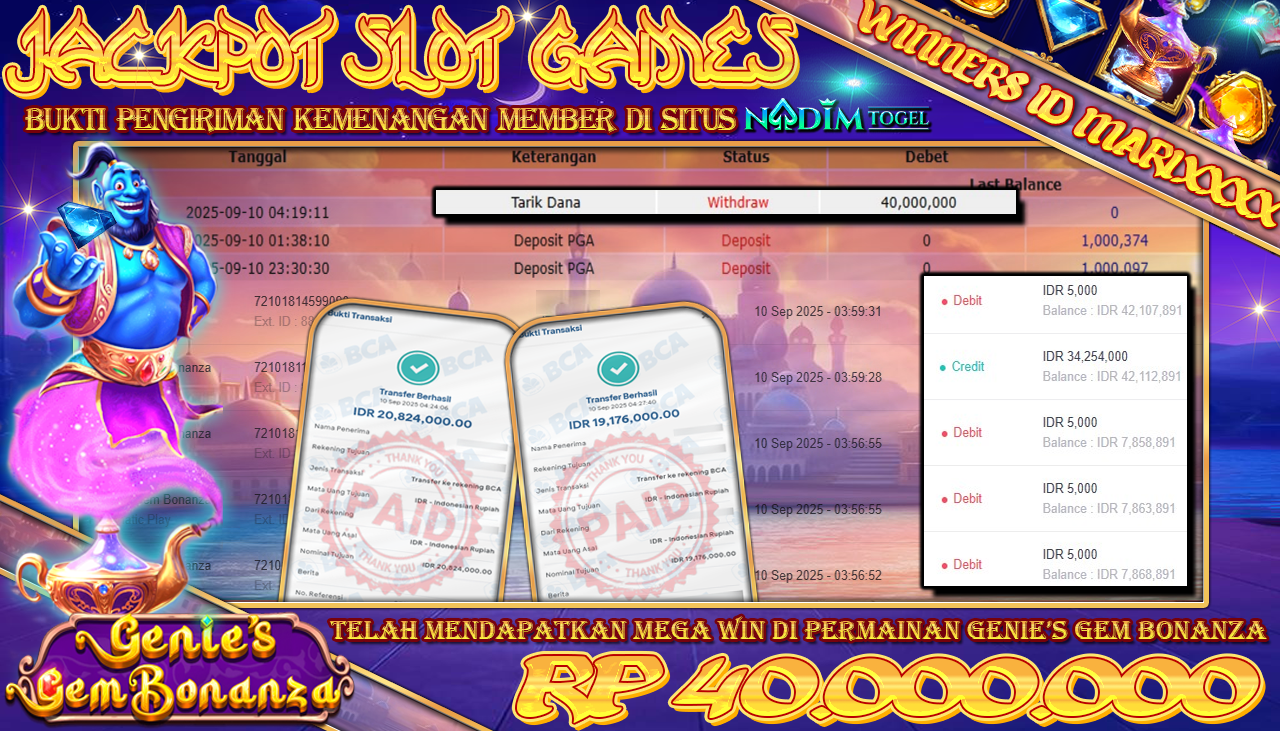 NADIMTOGEL JACKPOT SLOT GENIES GEM BONANZA Rp 40.000.000,- LUNAS