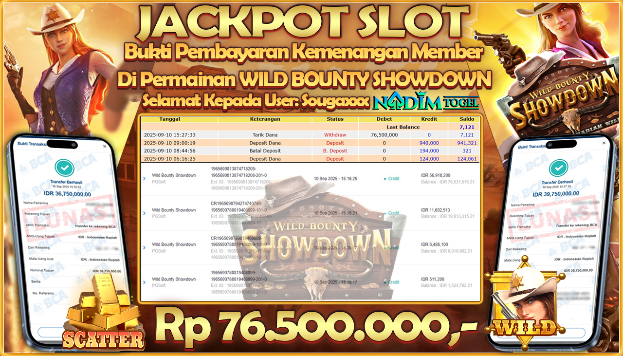 NADIMTOGEL JACKPOT SLOT WILD BOUNTY SHOWDOWN Rp 76.500.000,- LUNAS