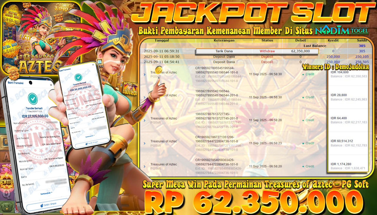 NADIMTOGEL JACKPOT SLOT TREASURES OF AZTEC Rp 62.350.000,- LUNAS