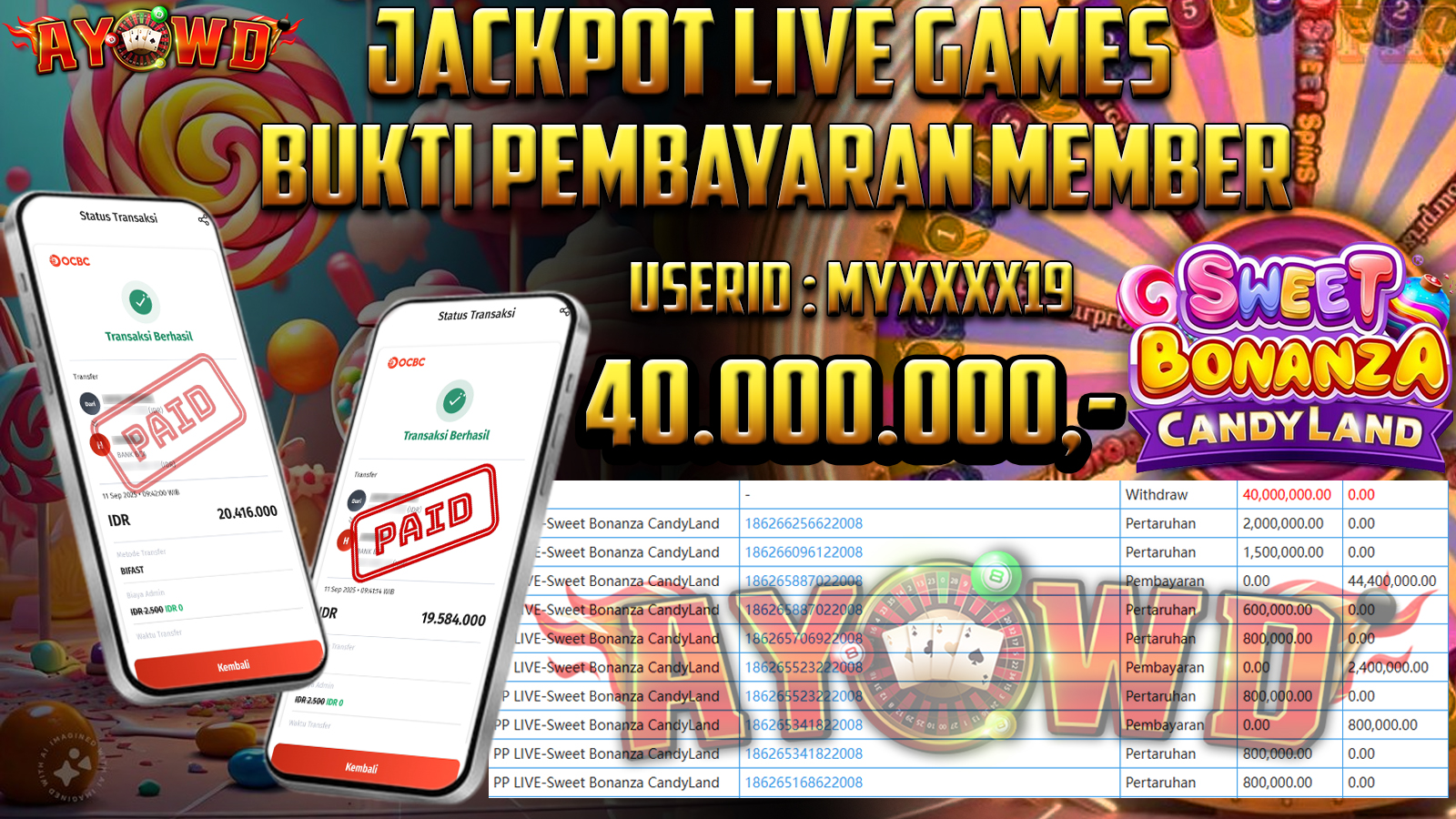 AYOWD JACKPOT LIVE GAMES PP LIVE-Sweet Bonanza CandyLand  Rp 40,000,000,- LUNAS