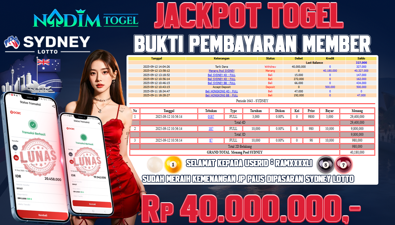 NADIMTOGEL JACKPOT TOGEL SYDNEY LOTTO Rp 40.000.000,- LUNAS