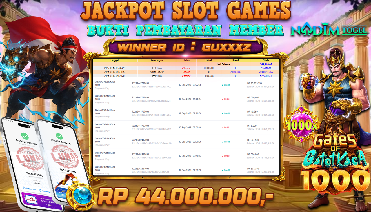 NADIMTOGEL JACKPOT SLOT GATES OF GATOT KACA 1000 - PRAGMATIC PLAY Rp 44.000.000,- LUNAS