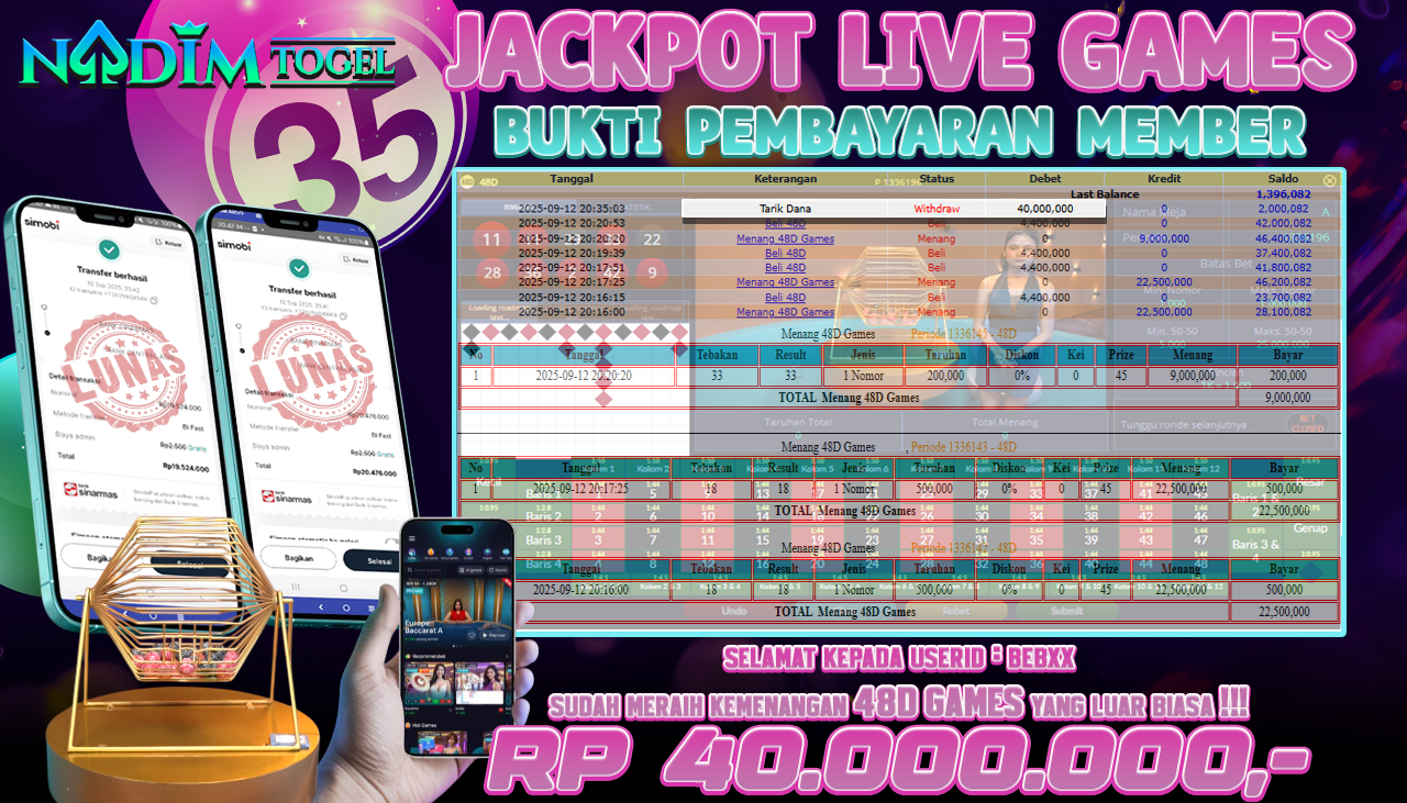 NADIMTOGEL JACKPOT LIVE GAMES 48D Rp 40.000.000,- LUNAS