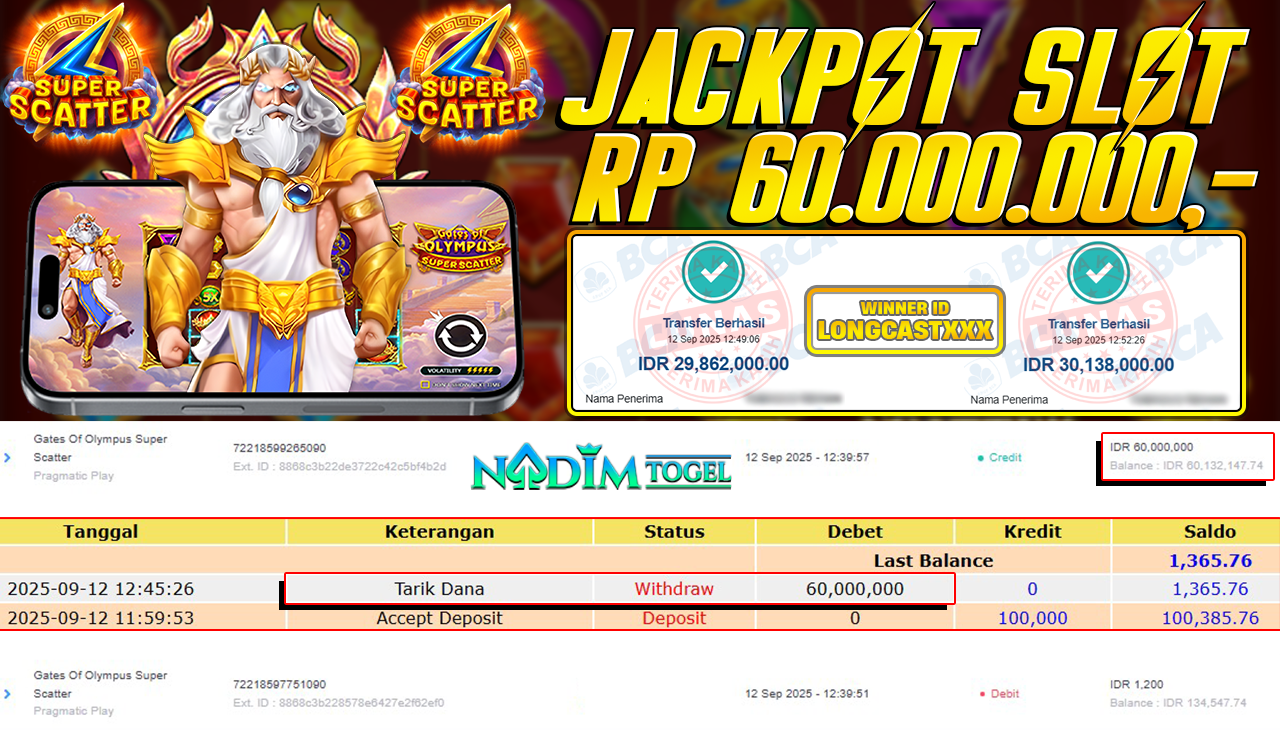 NADIMTOGEL JACKPOT SLOT GATES OF OLYMPUS SUPER SCATTER Rp 60.000.000,- LUNAS