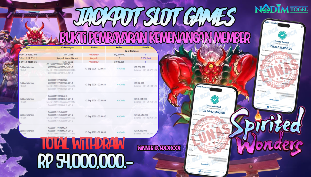 NADIMTOGEL JACKPOT SLOT SPIRITED WONDER Rp 54.000.000,- LUNAS