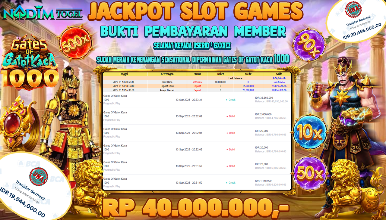 NADIMTOGEL JACKPOT SLOT GATES OF GATOT KACA 1000 - PRAGMATIC PLAY Rp 40.000.000,- LUNAS