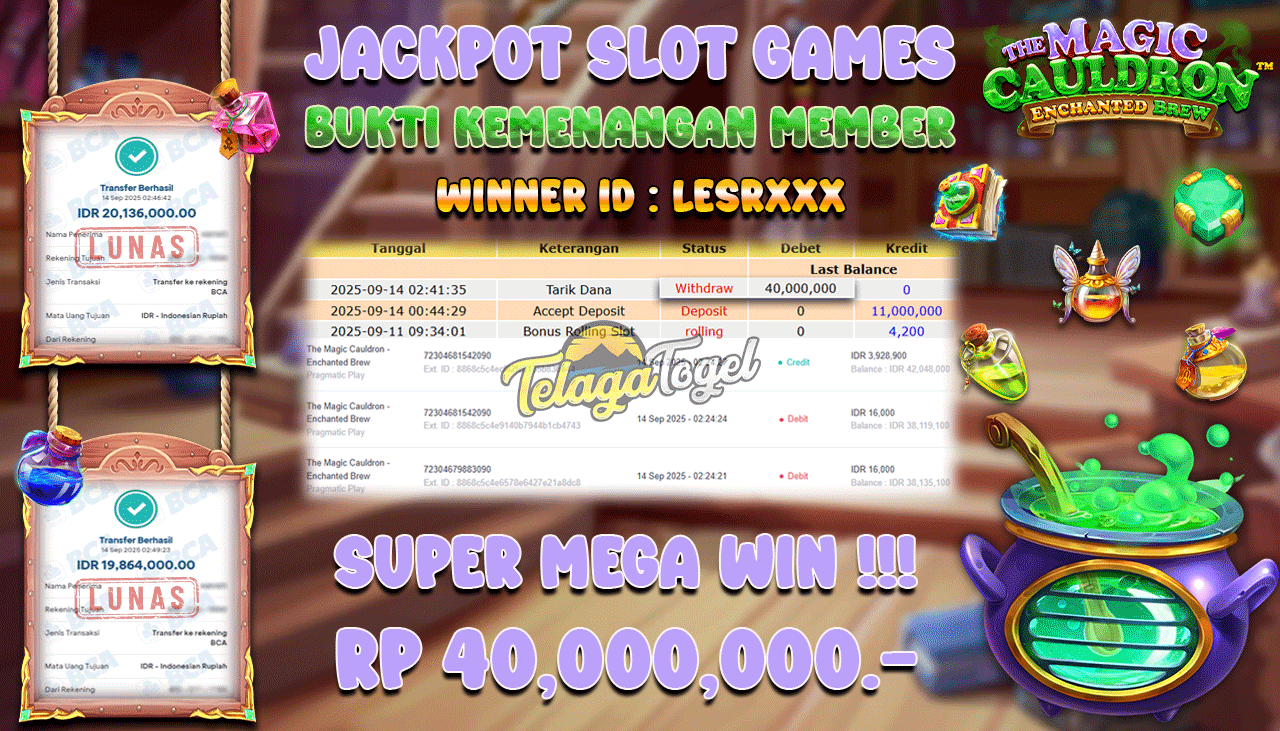 TELAGATOGEL JACKPOT SLOT THE MAGIC CAULDRON - ENCHANTED BREW Rp 40,000,000.- LUNAS 