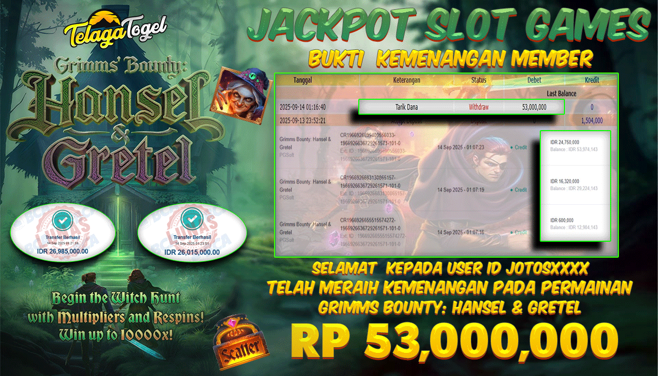 TELAGATOGEL JACKPOT SLOT GRIMMS' BOUNTY : HANSEL & GRETEL Rp 53,000,000.- LUNAS 