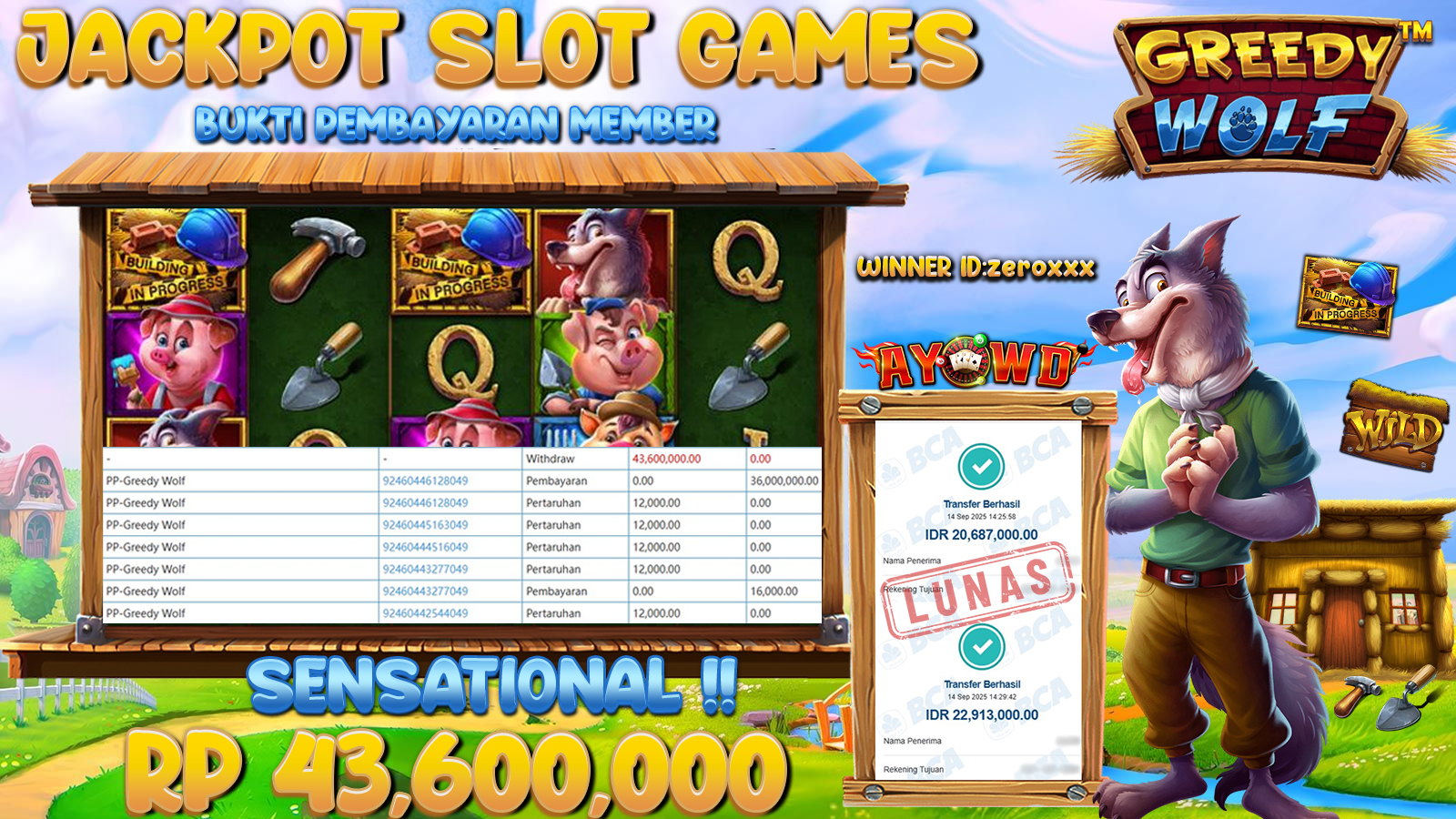 AYOWD JACKPOT SLOT GAMES PP-GREEDY WOLF Rp 43,600.000,- LUNAS