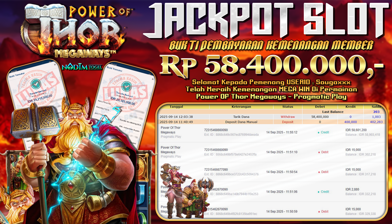NADIMTOGEL JACKPOT SLOT POWER OF THOR MEGAWAYS  Rp 58.400.000,- LUNAS