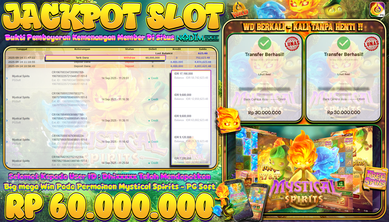 NADIMTOGEL JACKPOT SLOT MYSTICAL SPIRITS Rp 60.000.000,- LUNAS