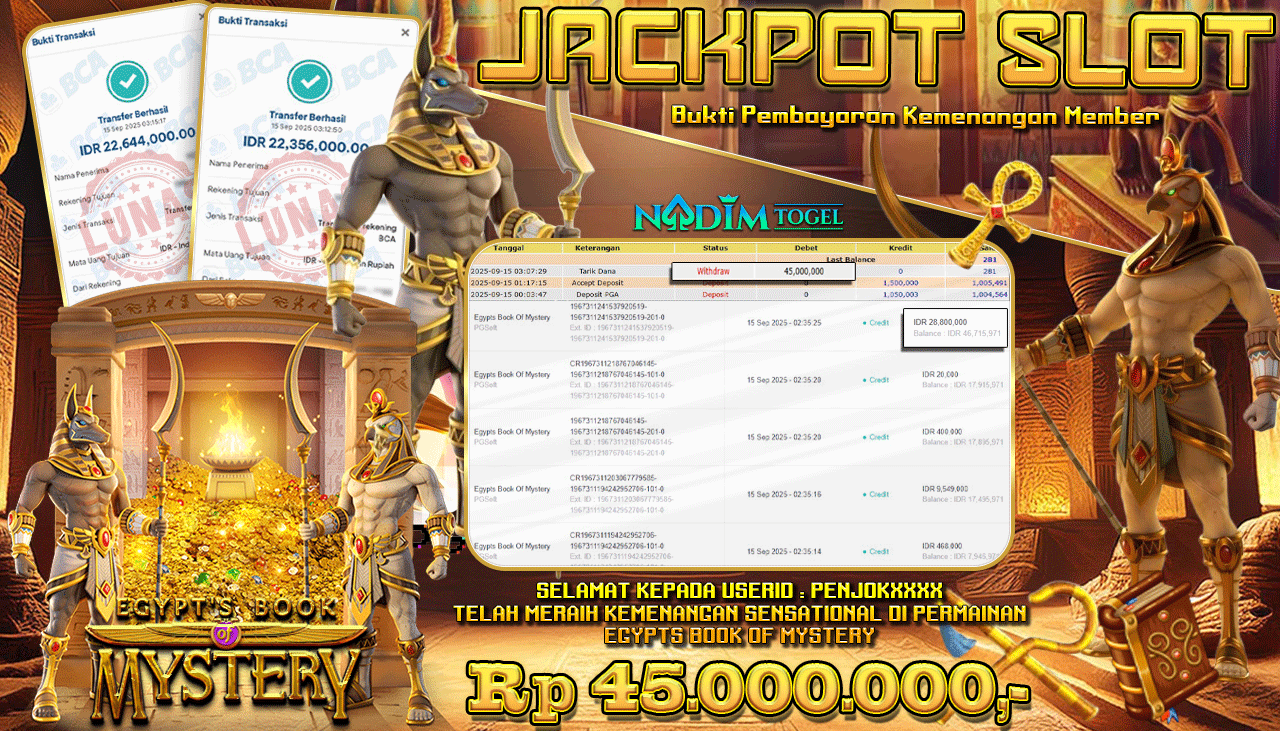 NADIMTOGEL JACKPOT SLOT EGYPTS BOOK OF MYSTERY Rp 45.000.000,- LUNAS