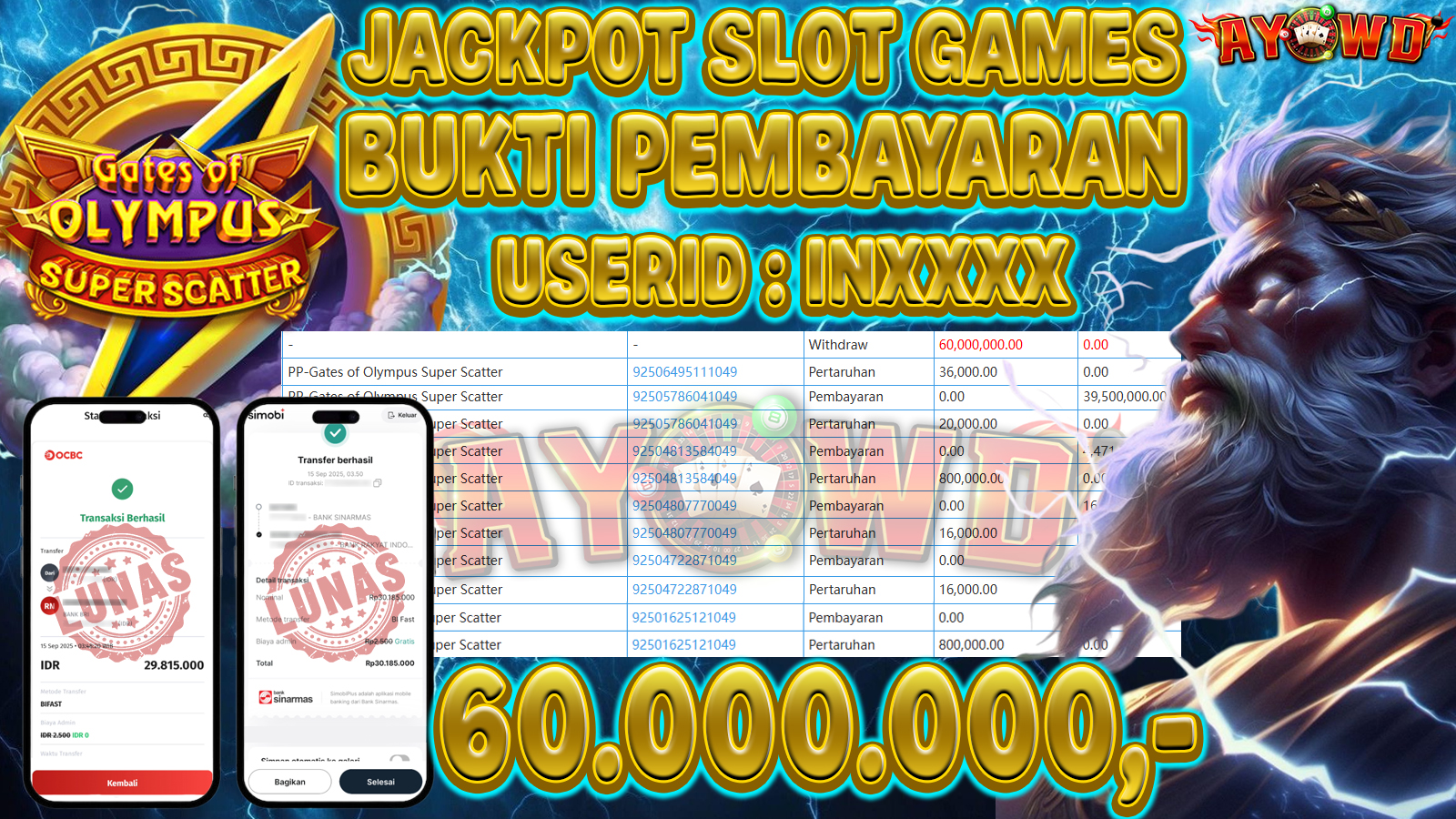 AYOWD JACKPOT SLOT GAMES PP-Gates of Olympus Super Scatter Rp 60.000.000,- LUNAS