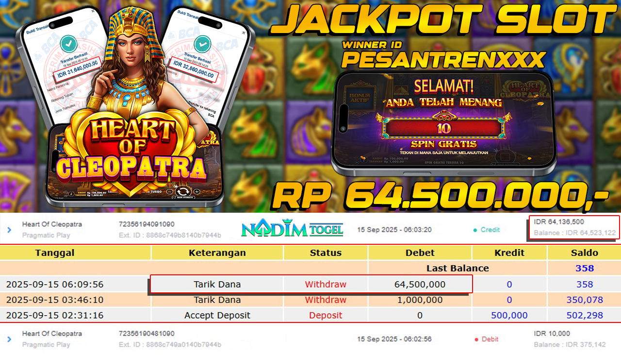 NADIMTOGEL JACKPOT SLOT HEART OF CLEOPATRA Rp 64.500.000,- LUNAS