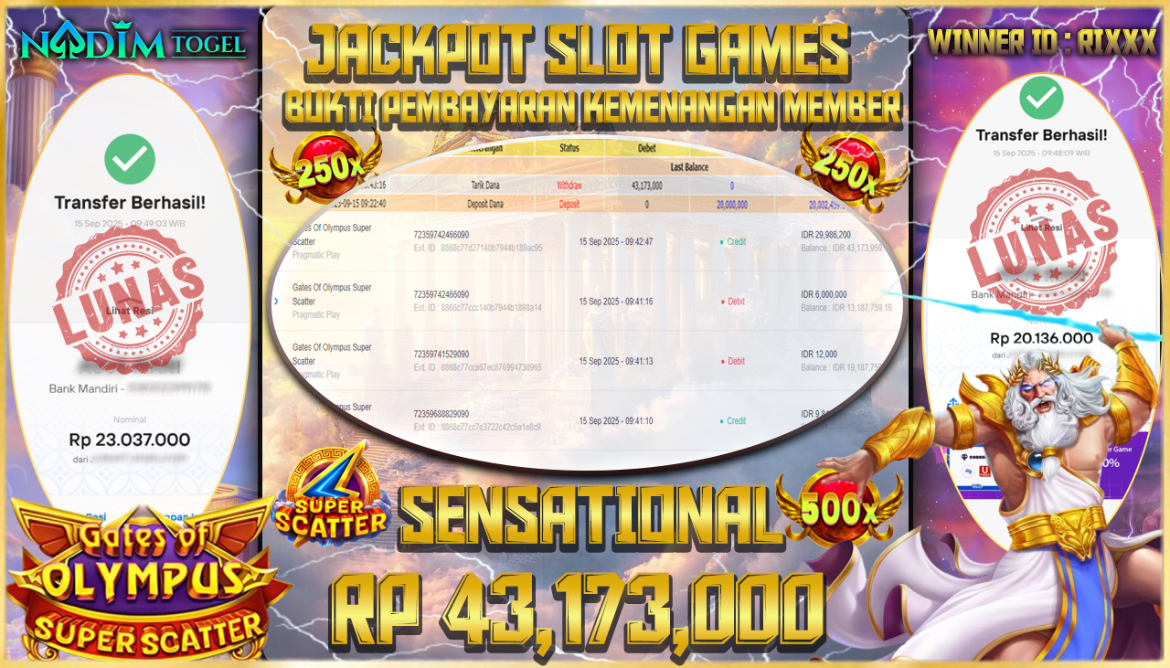 NADIMTOGEL JACKPOT SLOT GATES OF OLYMPUS SUPER SCATTER Rp 43.173.000,- LUNAS