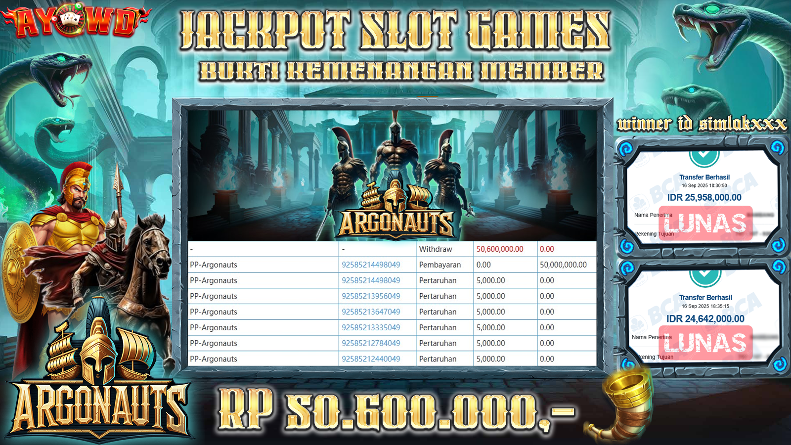 AYOWD JACKPOT SLOT GAMES PP-ARGONAUTS Rp 50.600.000,- LUNAS