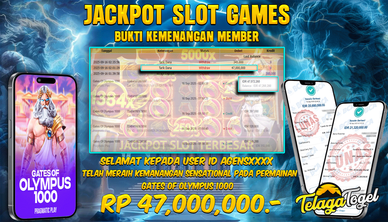 TELAGATOGEL JACKPOT SLOT GATES OF OLYMPUS 1000 Rp 47,000,000.- LUNAS  