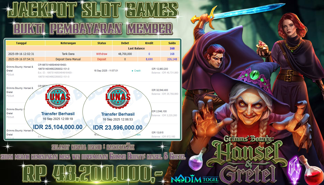 NADIMTOGEL JACKPOT SLOT GRIMMS BOUNTY: HANSEL & GRETEL - PGsoft Rp 48.700.000,- LUNAS