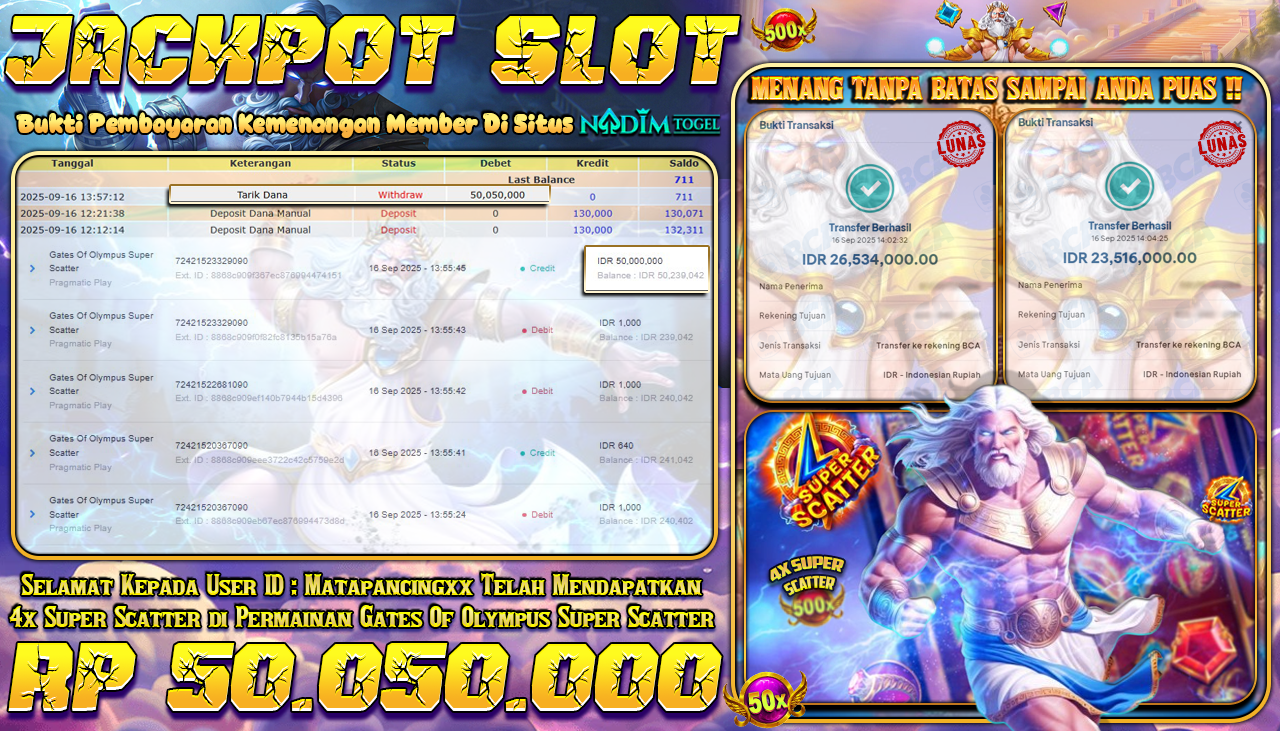 NADIMTOGEL JACKPOT SLOT GATES OF OLYMPUS SUPER SCATTER Rp 50.050.000,- LUNAS