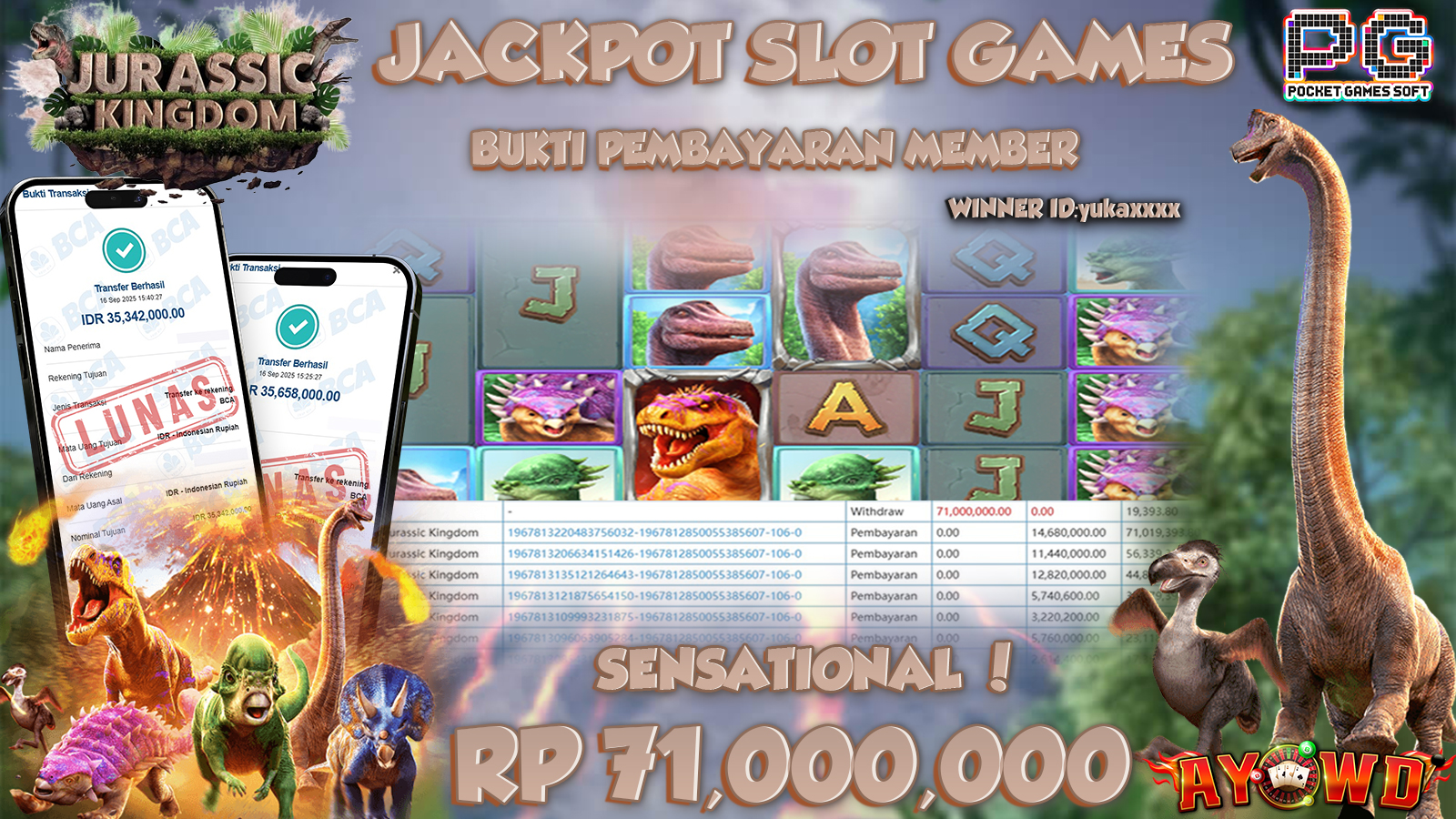 AYOWD JACKPOT SLOT GAMES PG-JURASSIC KINGDOM Rp 71.000.000,- LUNAS