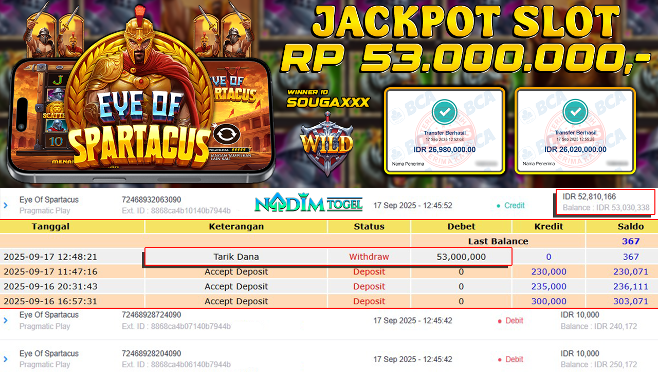 NADIMTOGEL JACKPOT SLOT EYE OF SPARTACUS Rp 53.000.000,- LUNAS