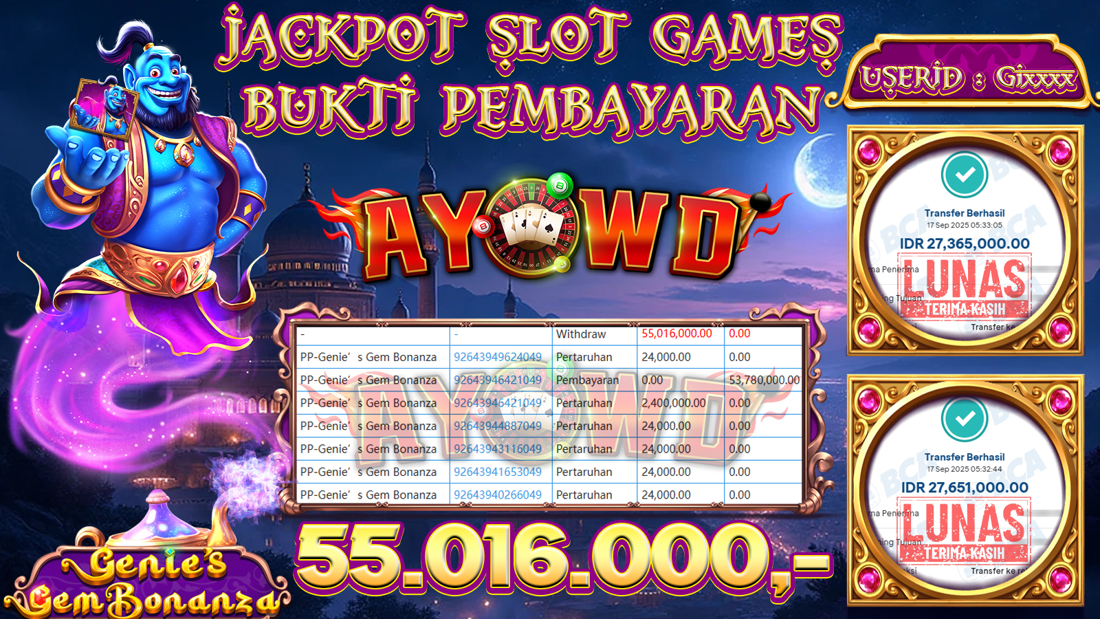 AYOWD JACKPOT SLOT GAMES PP-Genie s Gem Bonanza Rp 55,016,000,- LUNAS