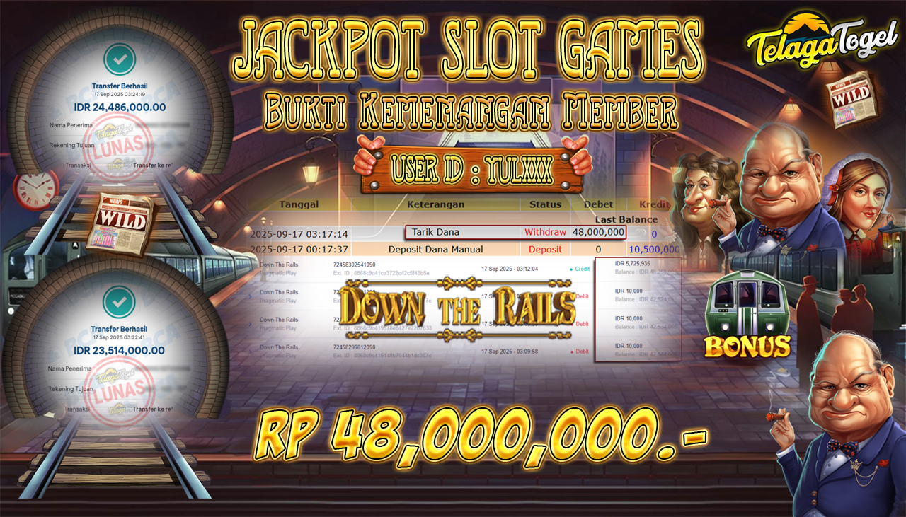 TELAGATOGEL JACKPOT SLOT DOWN THE RAILS Rp 48,000,000.- LUNAS  