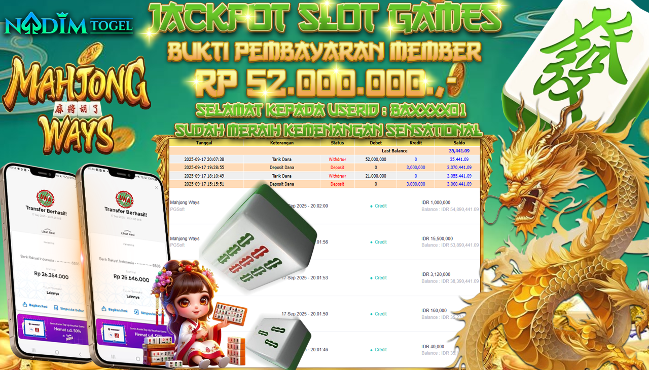 NADIMTOGEL JACKPOT SLOT MAHJONG WAYS Rp 52.000.000,- LUNAS