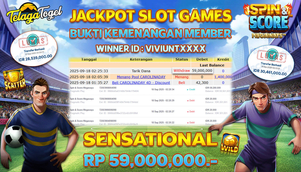 TELAGATOGEL JACKPOT SLOT SPIN & SCORE MEGAWAYS Rp 59,000,000.- LUNAS  