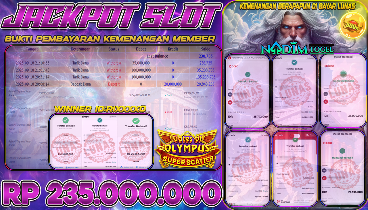 NADIMTOGEL JACKPOT SLOT GATES OF OLYMPUS SUPER SCATTER Rp 235.000.000,- LUNAS