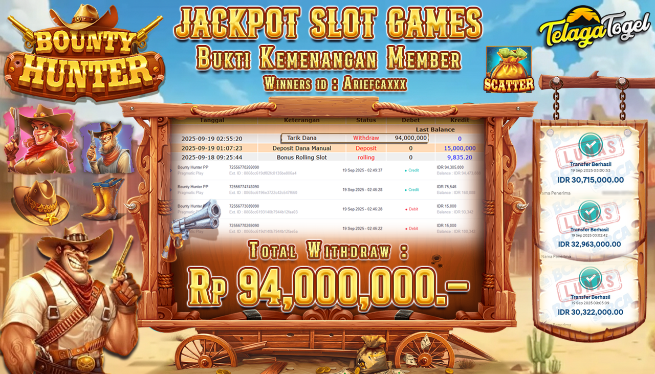 TELAGATOGEL JACKPOT SLOT BOUNTY HUNTER PP Rp 94,000,000.- LUNAS  