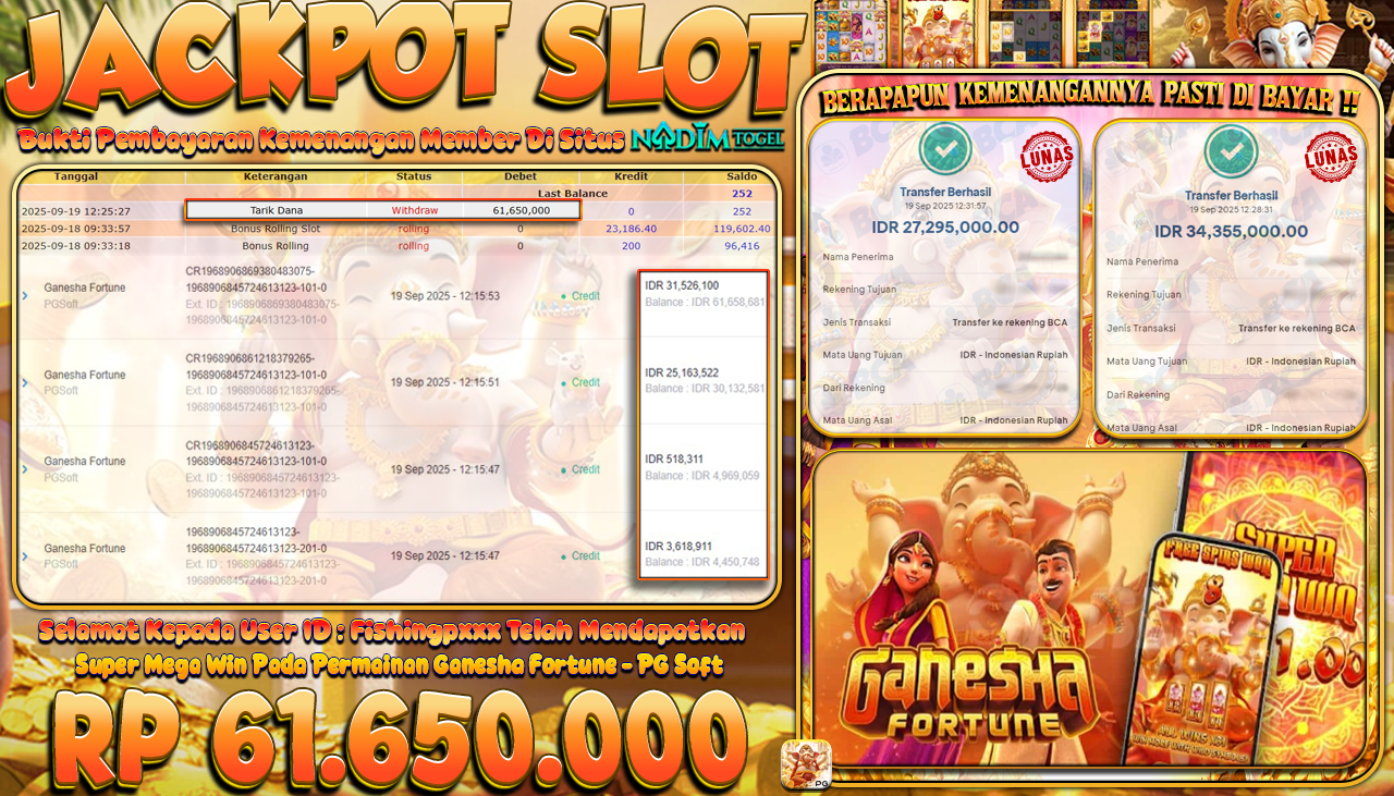NADIMTOGEL JACKPOT SLOT GANESHA FORTUNE Rp 61.650.000,- LUNAS