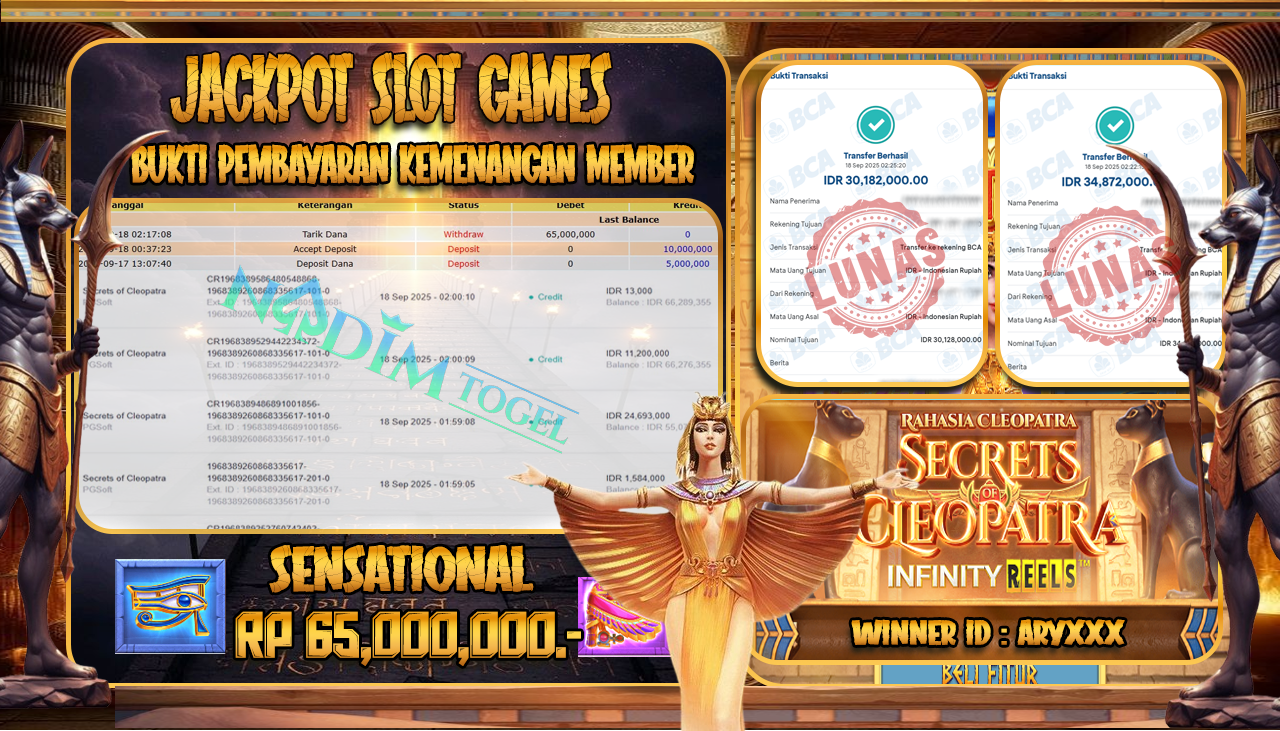 NADIMTOGEL JACKPOT SLOT SECRETS OF CLEOPATRA Rp 65.000.000,- LUNAS