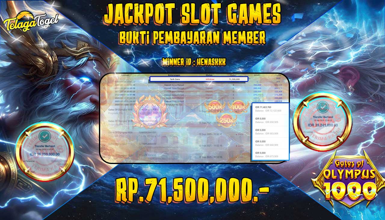 TELAGATOGEL JACKPOT SLOT GATES OF OLYMPUS 1000 Rp 71,500,000.- LUNAS  