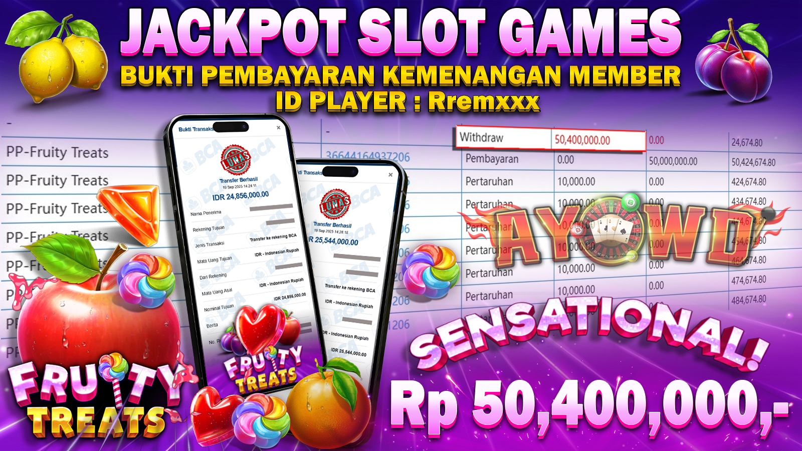 AYOWD JACKPOT SLOT GAMES PP-Fruity Treats Rp 50,400,000,- LUNAS