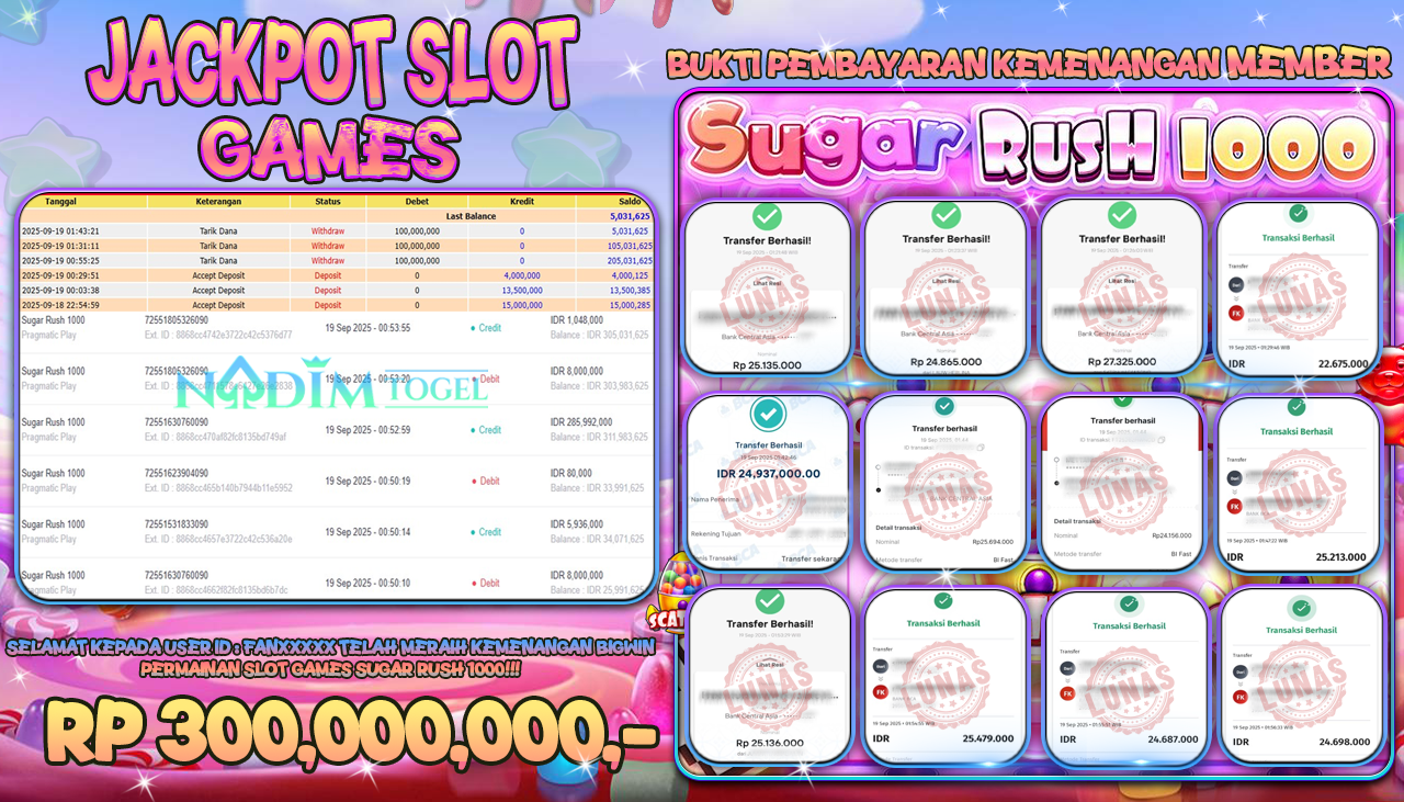 NADIMTOGEL JACKPOT SLOT SUGAR RUSH 1000 Rp 300.000.000,- LUNAS