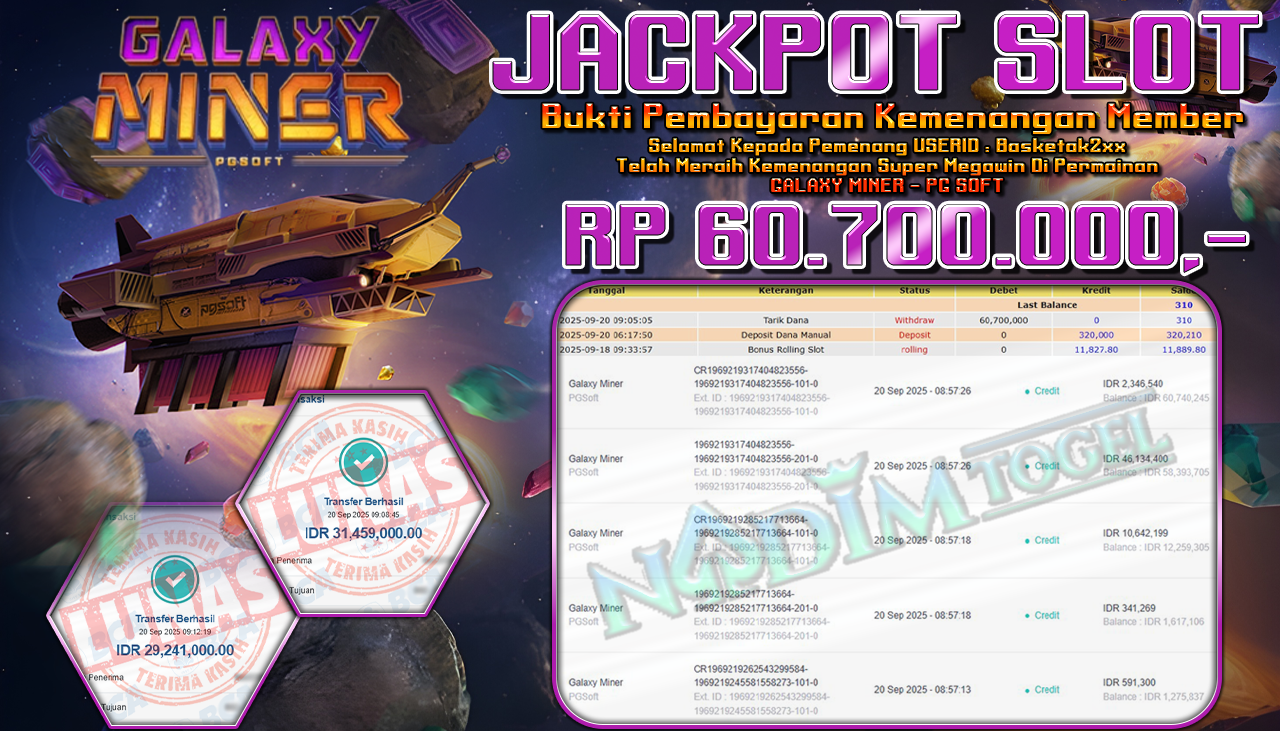 NADIMTOGEL JACKPOT SLOT GALAXY MINER Rp 60.700.000,- LUNAS