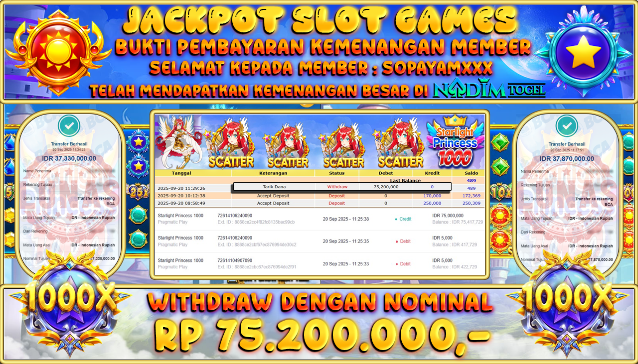 NADIMTOGEL JACKPOT SLOT STARLIGHT PRINCESS 1000 Rp 75.200.000,- LUNAS