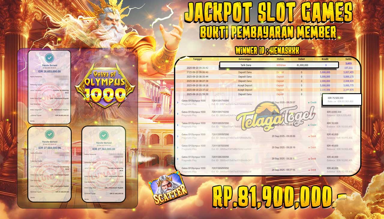 TELAGATOGEL JACKPOT SLOT GATES OF OLYMPUS 1000 Rp 81,900,000.- LUNAS  