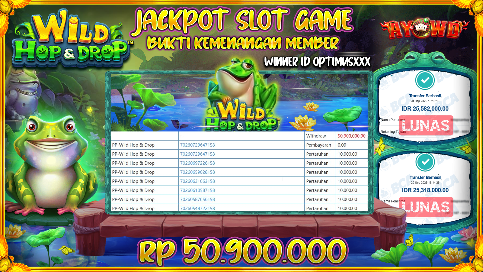 AYOWD JACKPOT SLOT GAMES PP-WILD HOP&DROP Rp 50,900,000,- LUNAS