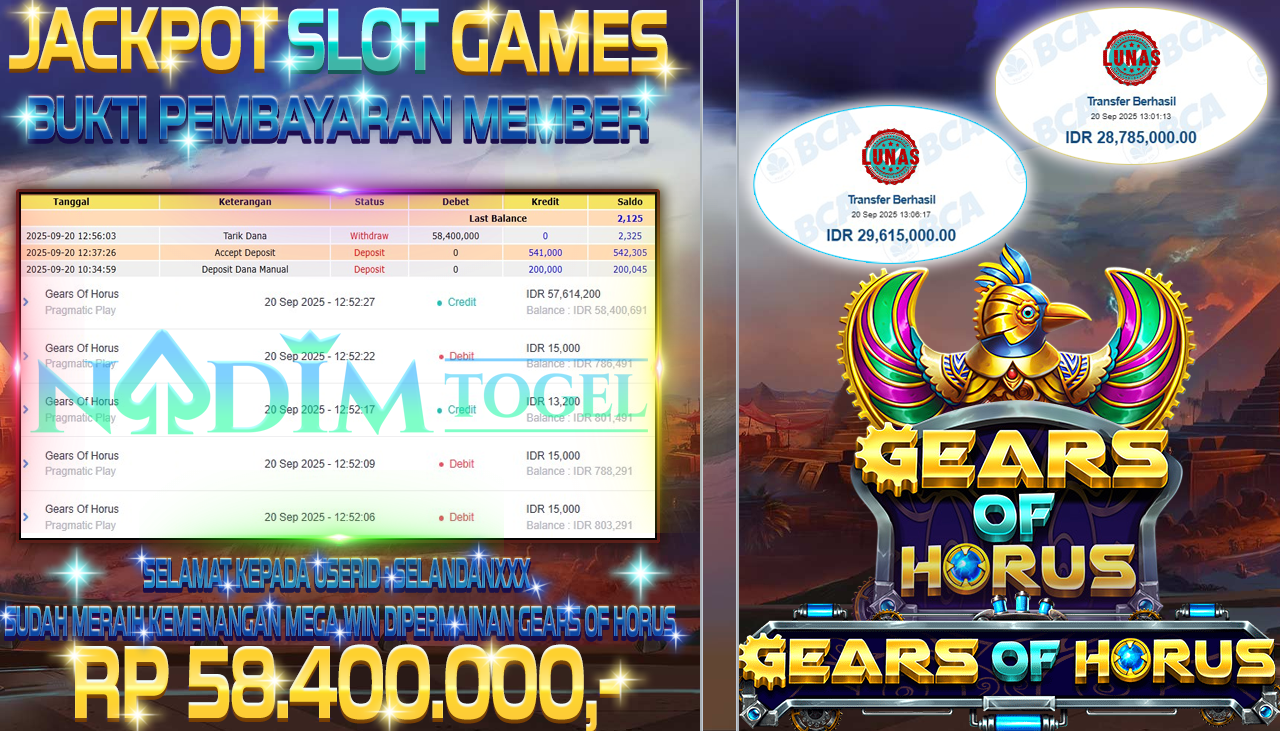NADIMTOGEL JACKPOT SLOT GEARS OF HORUS - PRAGMATIC PLAY Rp 58.400.000,- LUNAS