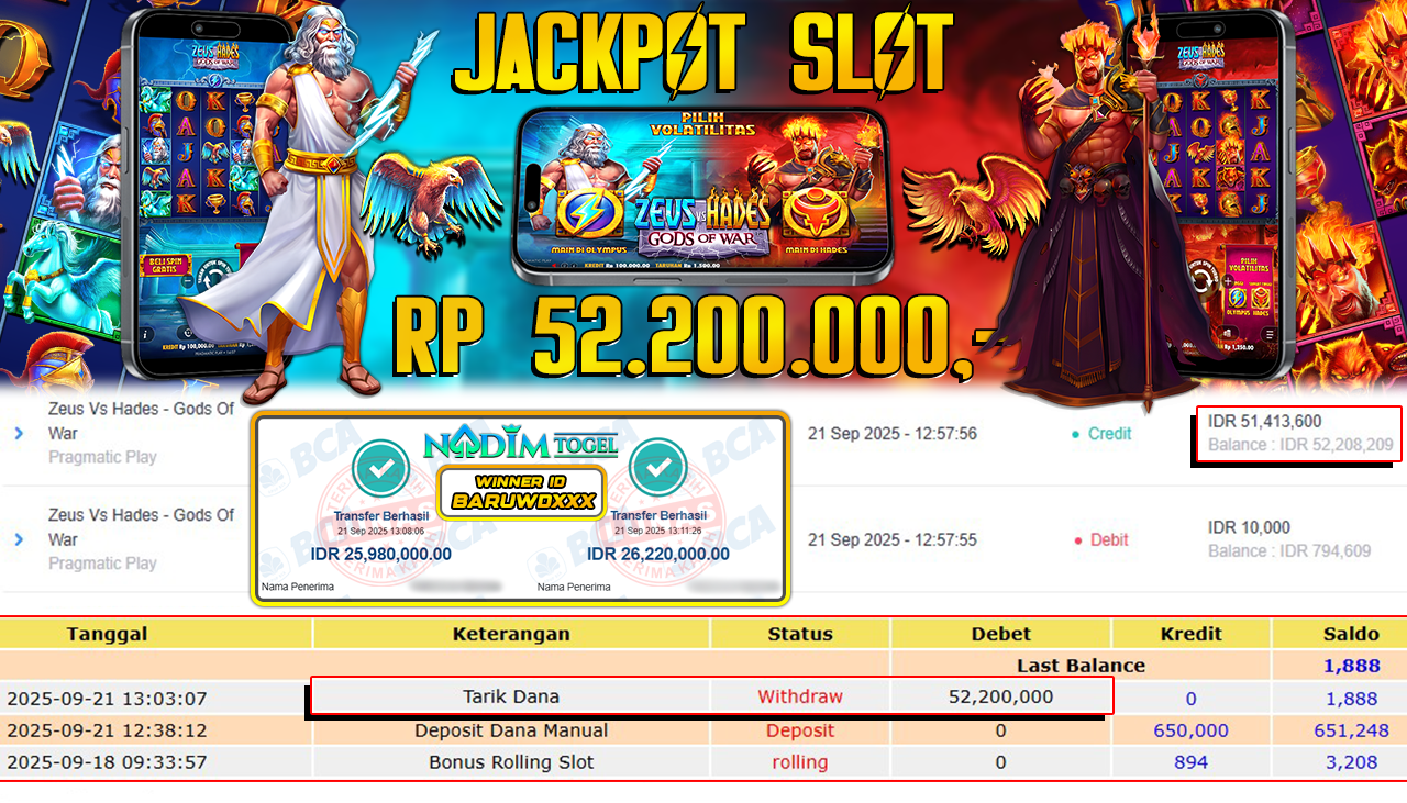 NADIMTOGEL JACKPOT SLOT ZEUS VS HADES - GODS OF WAR Rp 52.200.000,- LUNAS