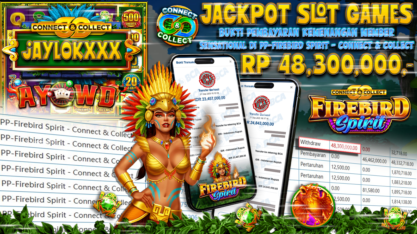 AYOWD JACKPOT SLOT GAMES PP-Firebird Spirit - Connect & Collect Rp 48,300,000,- LUNAS