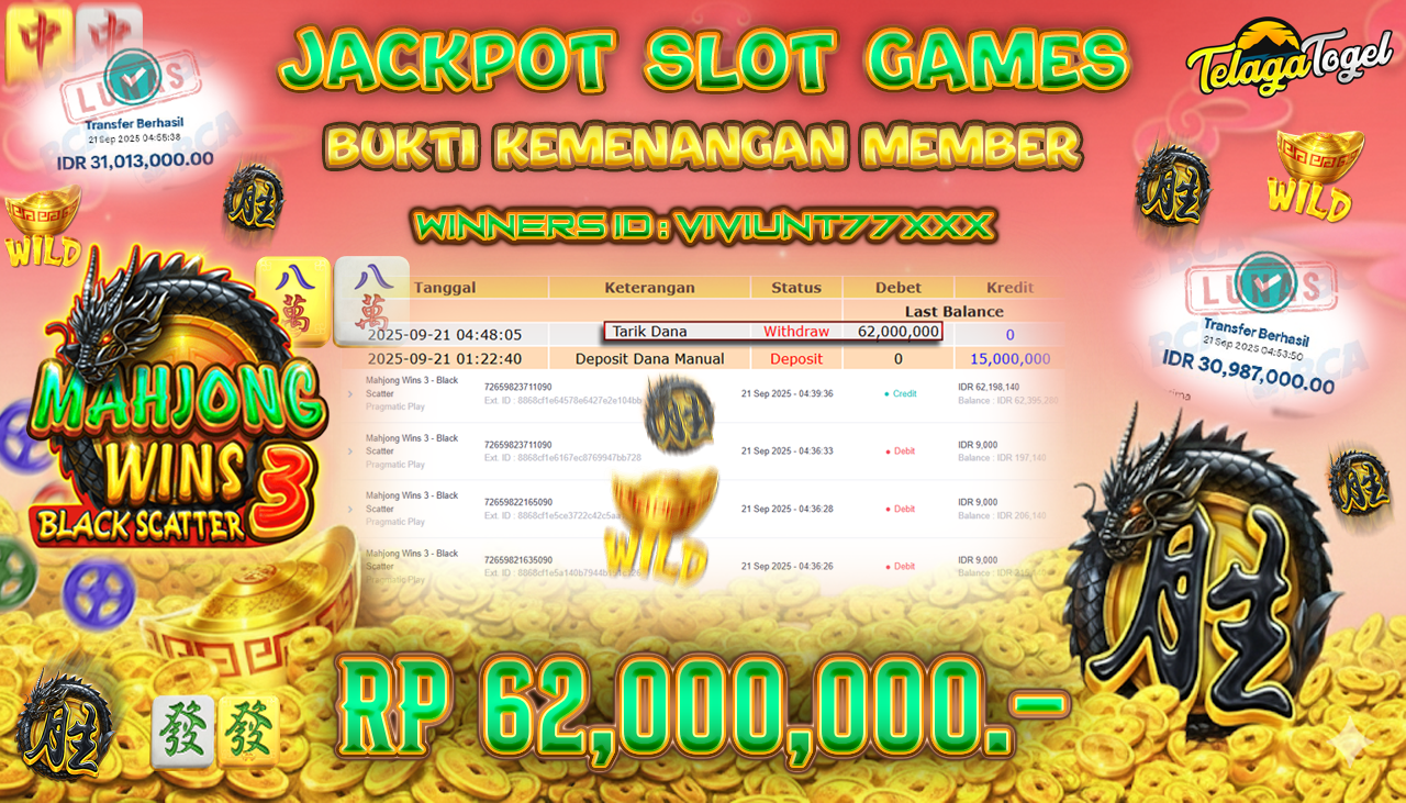 TELAGATOGEL JACKPOT SLOT MAHJONG WINS 3 - BLACK SCATTER Rp 62,000,000.- LUNAS  