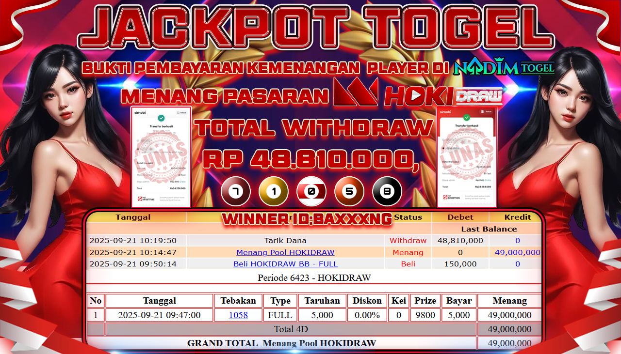 NADIMTOGEL JACKPOT TOGEL PASARAN HOKIDRAW Rp 48.810.000,- LUNAS