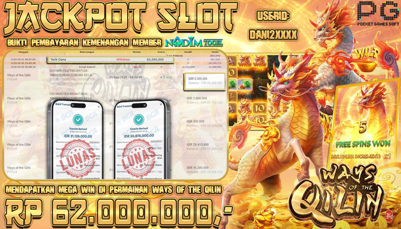NADIMTOGEL JACKPOT SLOT WAYS OF THE QILIN Rp 62.000.000,- LUNAS