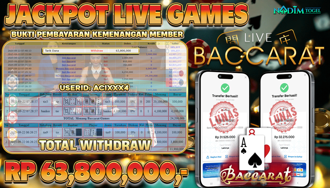 NADIMTOGEL JACKPOT LIVE GAMES BACCARAT GAMES  Rp 63.800.000,- LUNAS