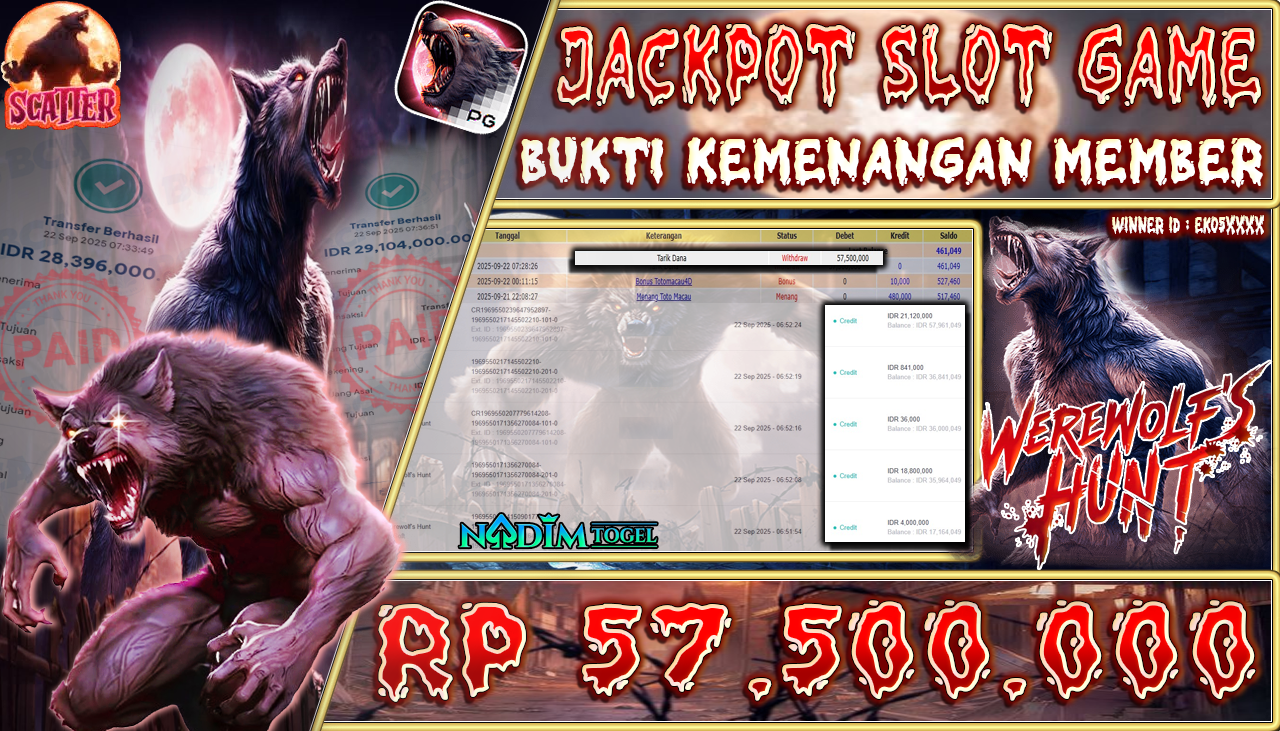 NADIMTOGEL JACKPOT SLOT WEREWOLF S HUNT Rp 57.500.000,- LUNAS