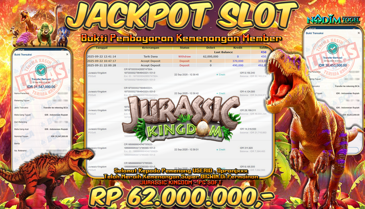 NADIMTOGEL JACKPOT SLOT JURASSIC KINGDOM Rp 62.000.000,- LUNAS